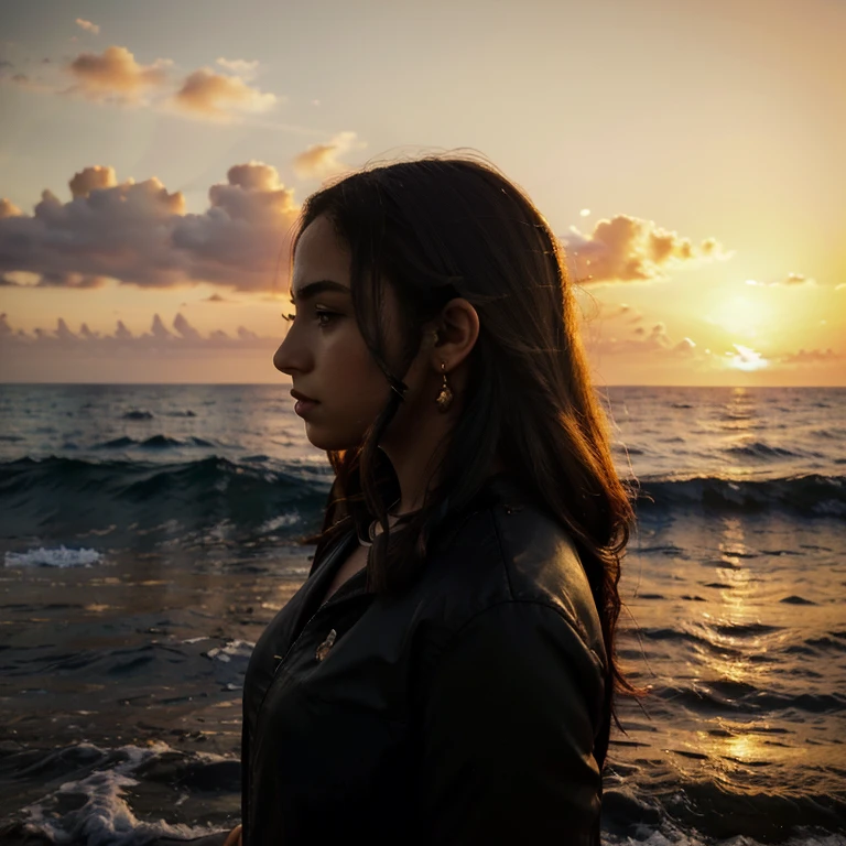 female profile with a dark silhouette against the background of the ocean, sunset, bright colors, golden hour, (Masterpiece:1.5), (best quality:1.5).