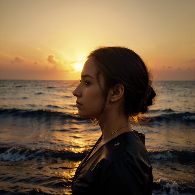 female profile with a dark silhouette against the background of the ocean, sunset, bright colors, golden hour, (Masterpiece:1.5), (best quality:1.5).