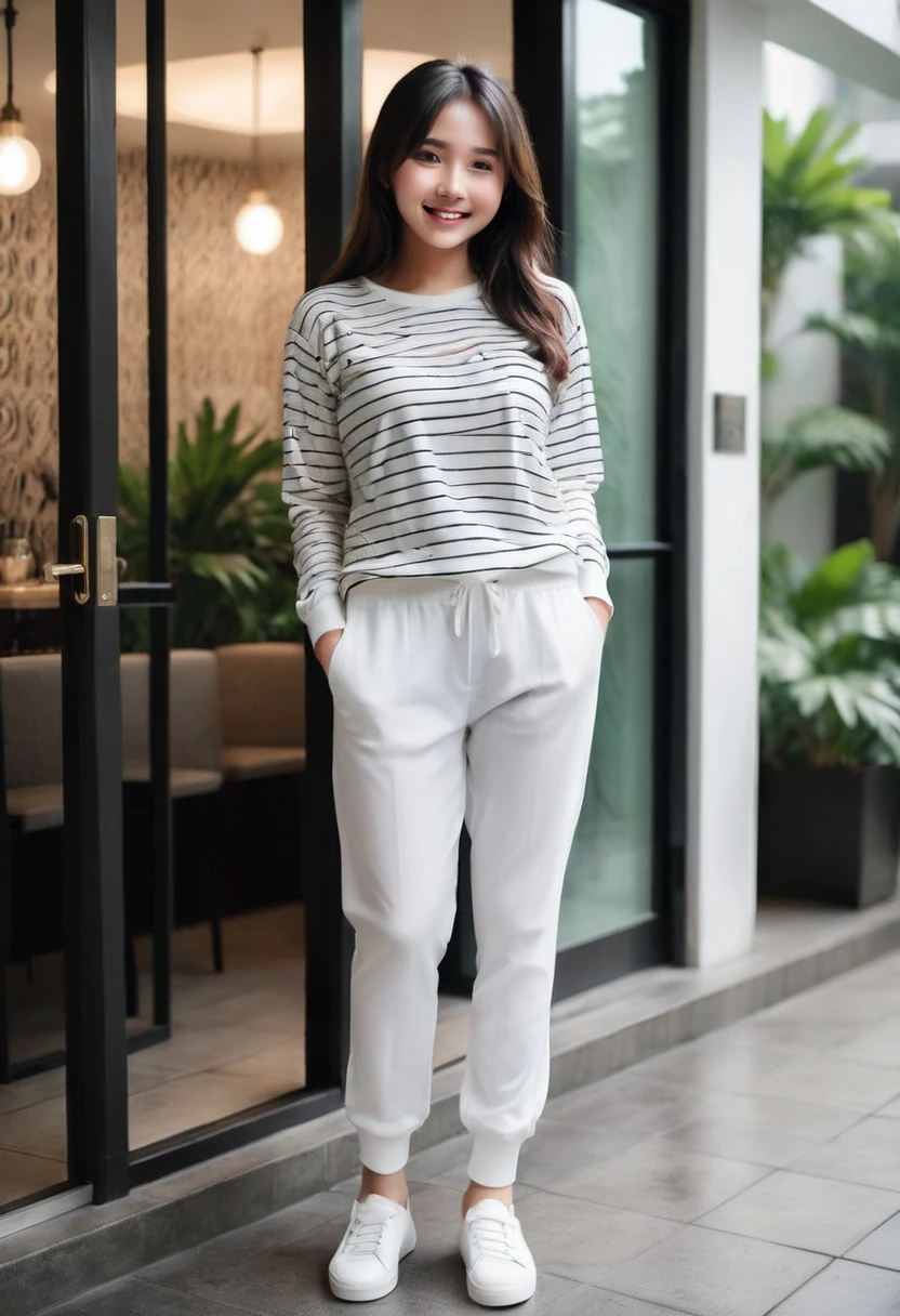 Realistic photo 1:4)) 22 year old Indonesian girl, solo, beautiful face from Indonesia wearing a white patterned knitted t-shirt with long sleeves, black and red, horizontal and vertical stripes, detailed white jogger pants, wearing detailed rebook shoes, the appearance of the whole body is smiling softly, standing in front of the door of a luxury cafe, green plants, realistic details, 1:4 HD quality photography, cinematic