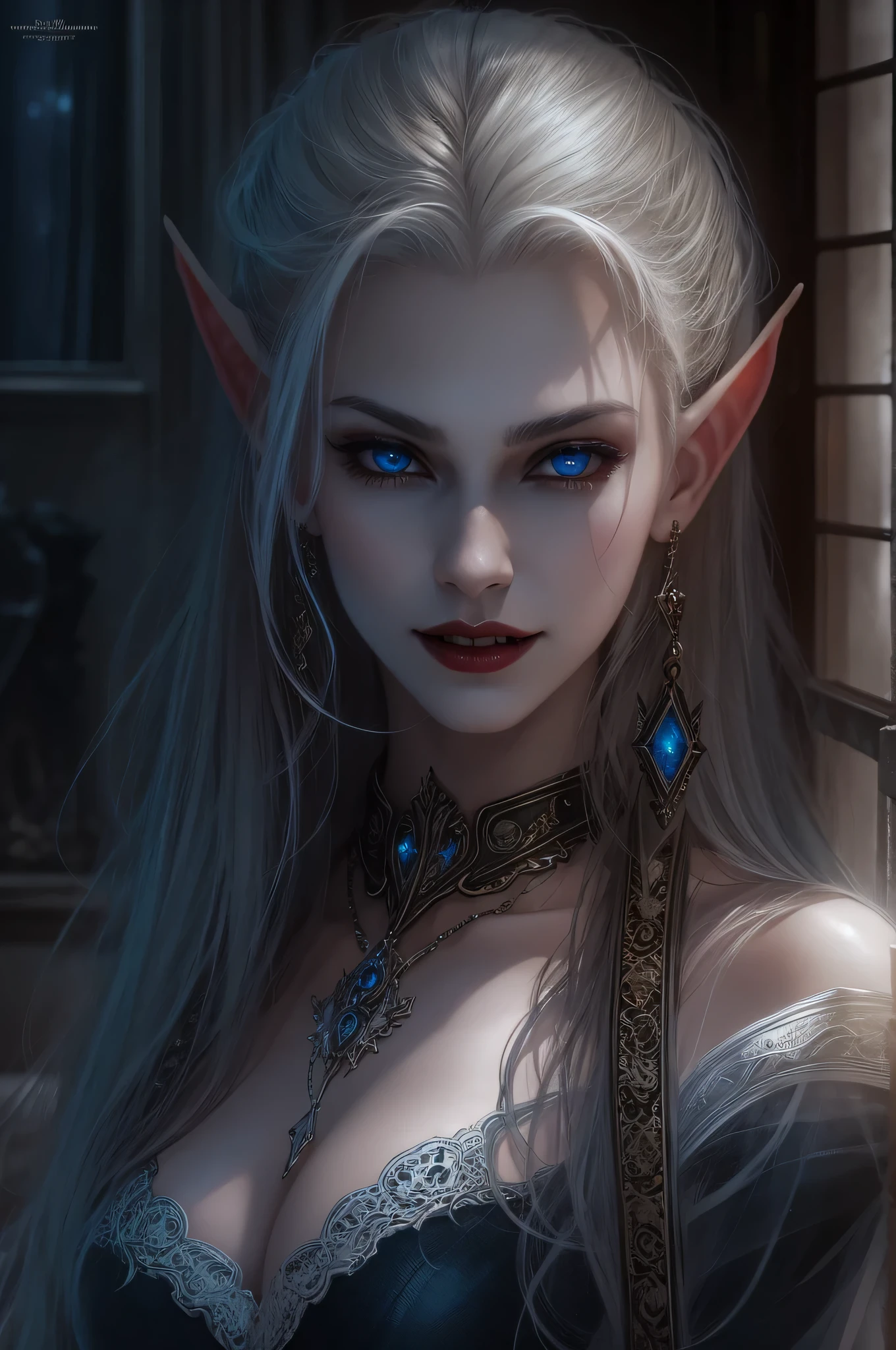 a picture of vampire elf in her castle, an exquisite beautiful female vampire elf in her library,  full body (ultra detailed, Masterpiece, best quality), ultra detailed face (ultra detailed, Masterpiece, best quality), grey skin, blond hair, hair in a ponytail, long hair, blue eyes, cold eyes, glowing eyes, intense eyes,  small pointed ears, smirking, smile with [drops of blood on face] (ultra detailed, Masterpiece, best quality), dark red lips, [vampire fangs], wearing white panties (ultra detailed, Masterpiece, best quality), dark blue cloak, high heeled boots in dark fantasy library, book shelves, high details, best quality, 8k, [ultra detailed], masterpiece, best quality, (ultra detailed), full body, ultra wide shot, photorealism, luis royo style, dark fantasy art, moon light coming through the window, moon rays, gothic art, sense of dread, sense of seduction