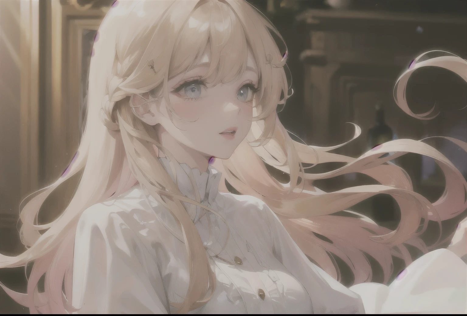 blonde, long light hair, a white blouse, pink lips.
