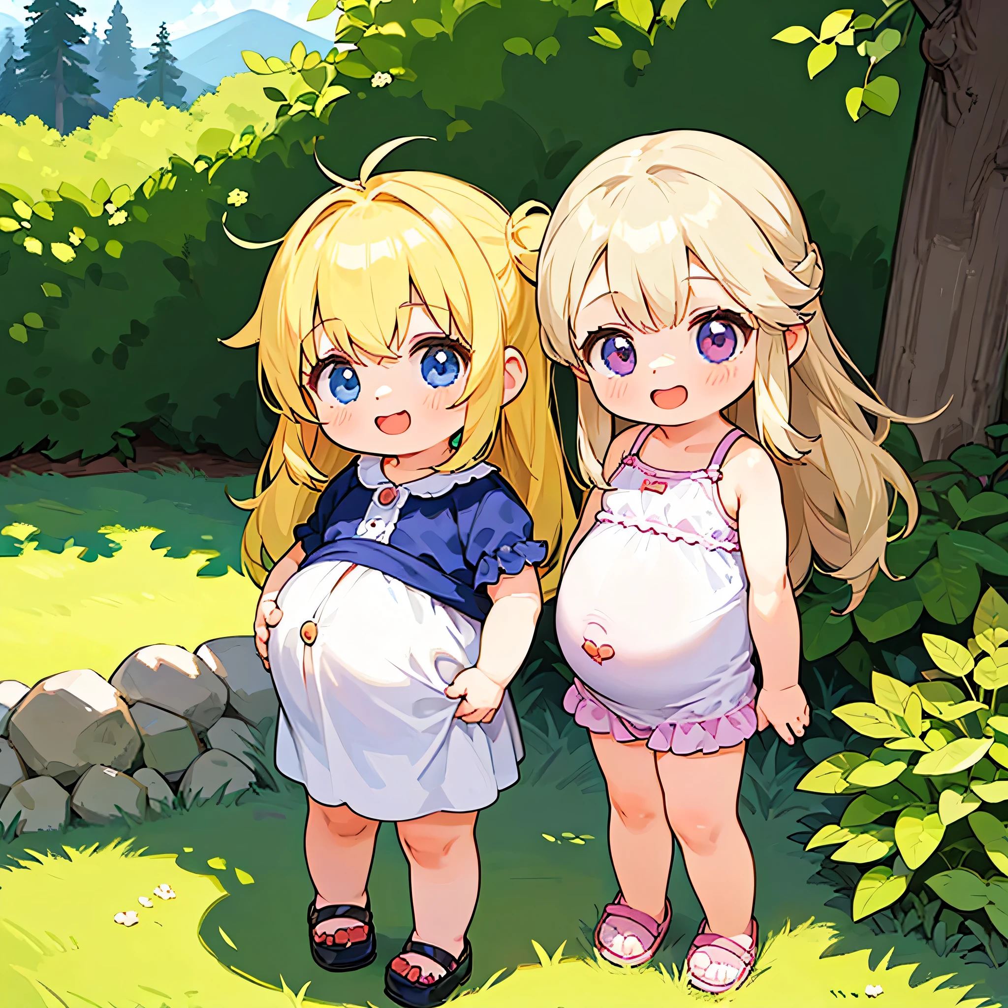 ( girl:1.5),chibi,2girls,long blonde hair tied with a string,belly button,standing,laughing