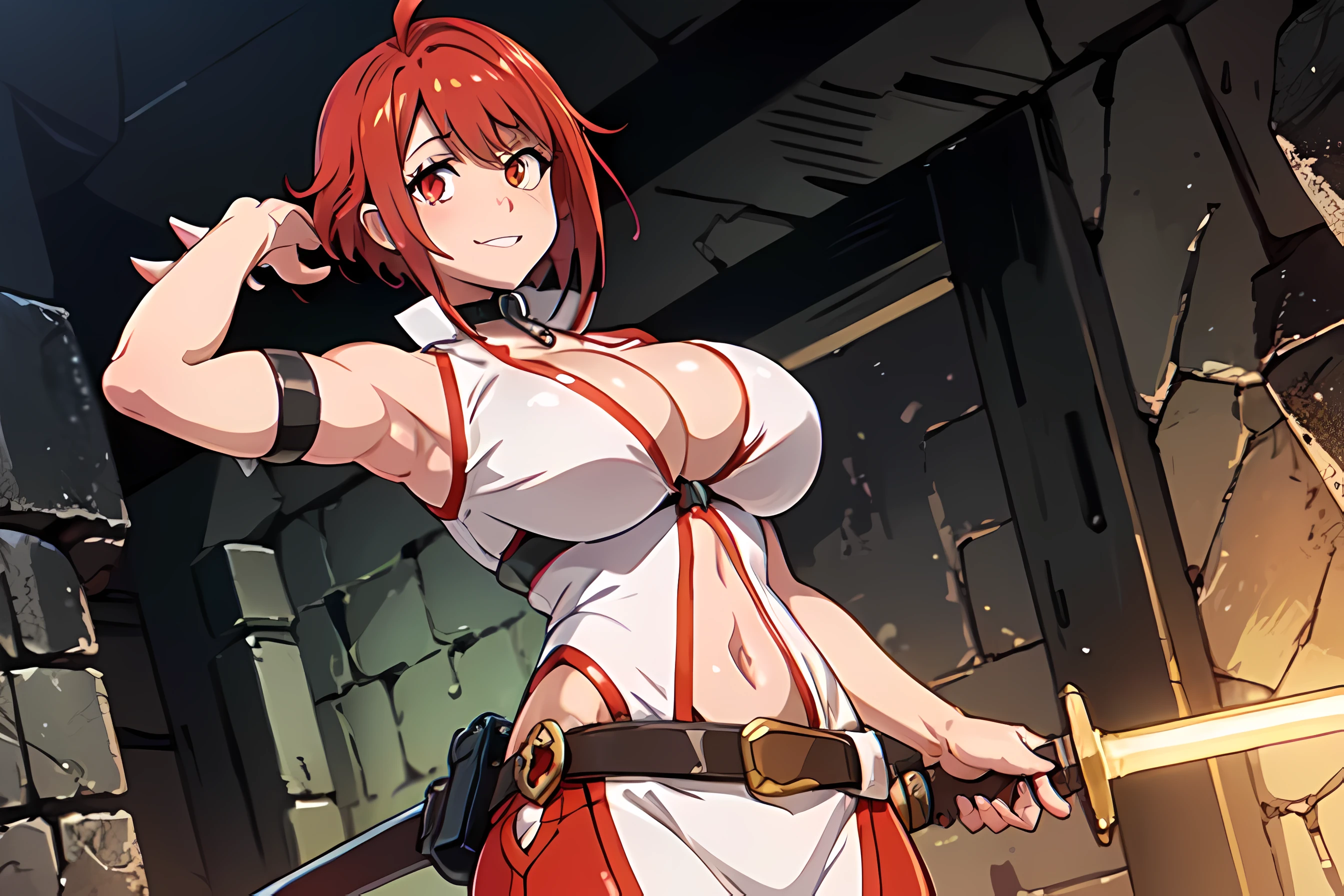 (vesta_harem:1.2), (1girl:1.2), (solo:1.6), sword, large breasts, red eyes, red hair, short hair, tall, smile, closed_mouth, looking_at_viewer, dual_wielding, 2 sword, (((hand_on_hilt))), holding_sword, collar, white_shirt, red_trim, cleavage, navel_cutout, sleeveless, BREAK red_leggings, forearms:(((spiked_arm))), armlet, black_belt, oversized_belt, [dress], highres, absurdres, (dungeon:1.6), hallway, stone, mossy