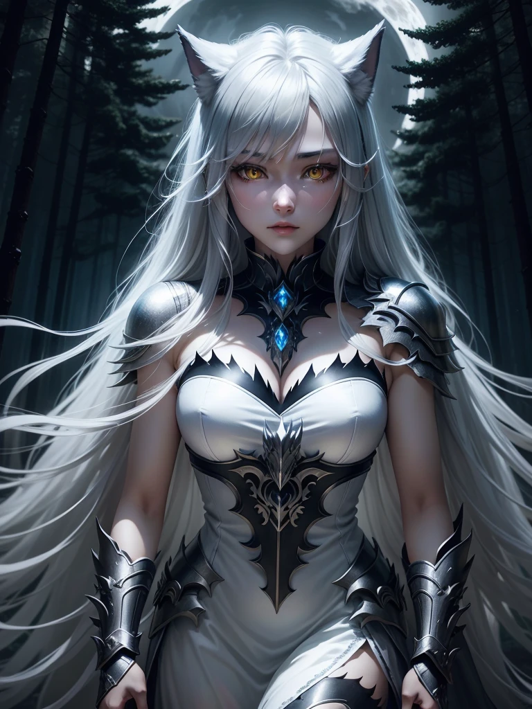 silver wolf, shining yellow eyes, dark forest, scary environment, Soft blue light, Pale Moon、Fenrir、