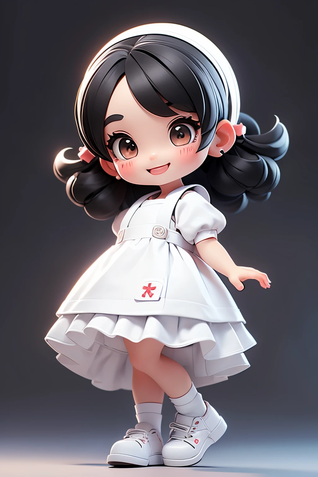 masterpiece, best quality, a cute chibi girl smiling, ((black)) hair, (((white pinafore dress))), (((short))) puffy sleeves, white hairbow, white socks, (((black))) pumps, school backpack, (((full body))),
