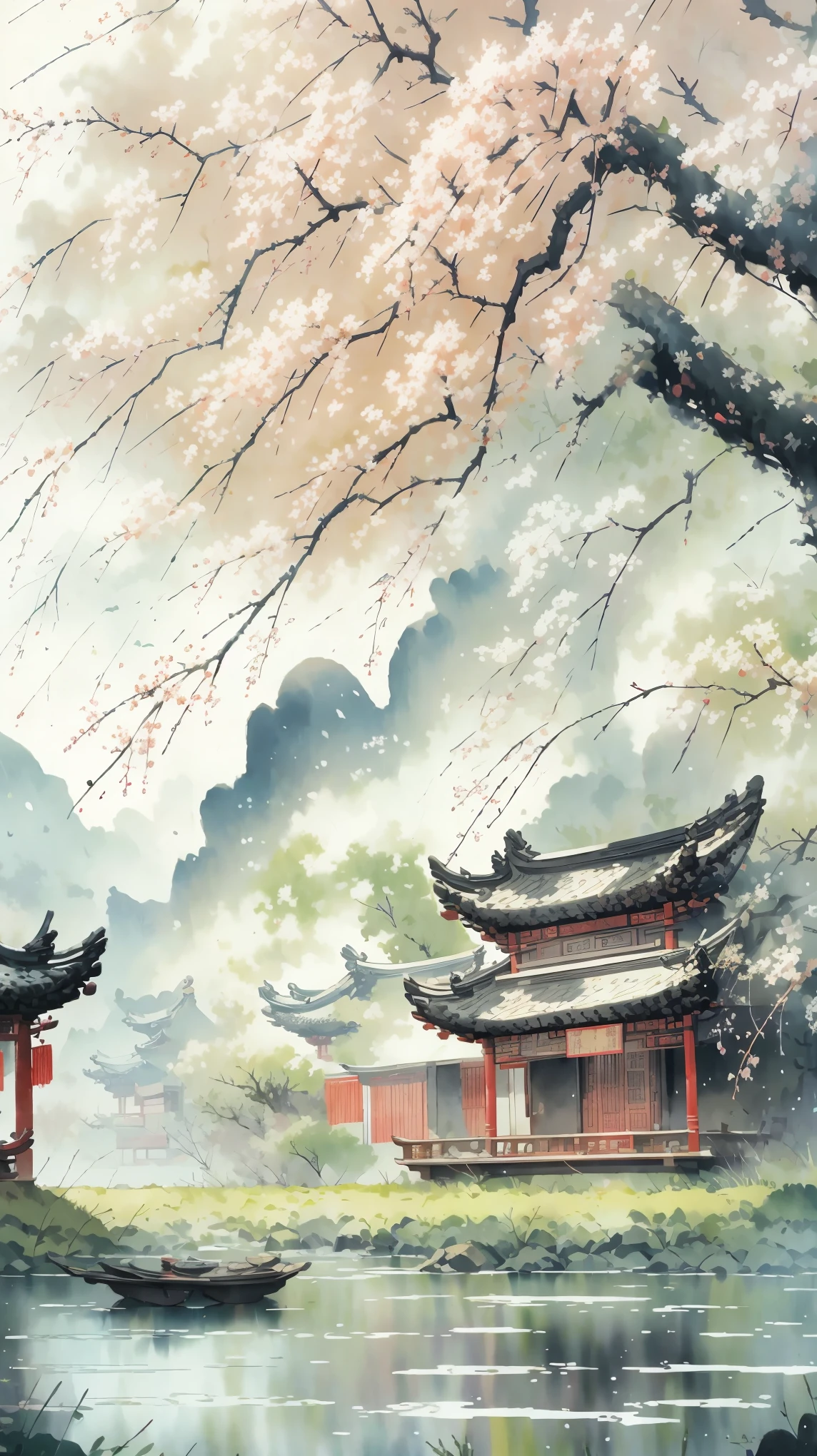 Ancient style illustration Chinese watercolor landscape painting watercolor river peach blossom spring Chinese landscape bare tree branch day flower leaf no human outdoors overgrown plant landscape tree grape vine water, masterpiece, recent quality, best details, beauty