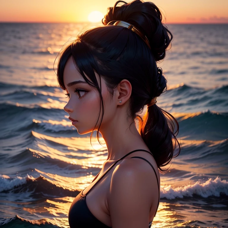 female profile with a dark silhouette against the background of the ocean, sunset, bright colors, golden hour, (Masterpiece:1.5), (best quality:1.5).