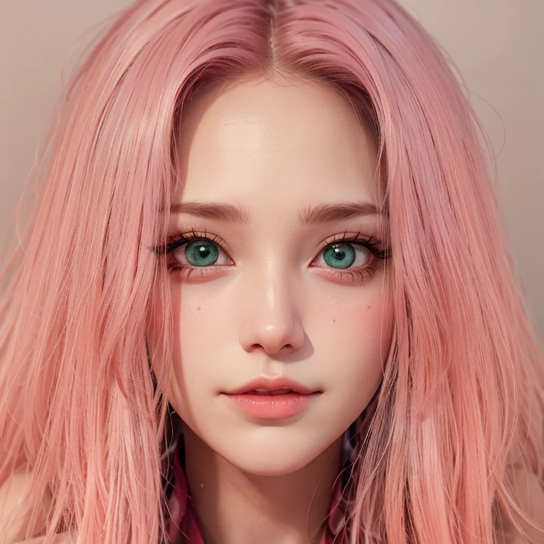 young woman, short shoulder-length pink hair, wide forehead, porcelain skin, pink eyebrows, big emerald green eyes, buttoned nose, full lips, heart-shaped face, slender body, small breasts, red tank top, Sakura Haruno , realistic, realism, details, 3d, well detailed
