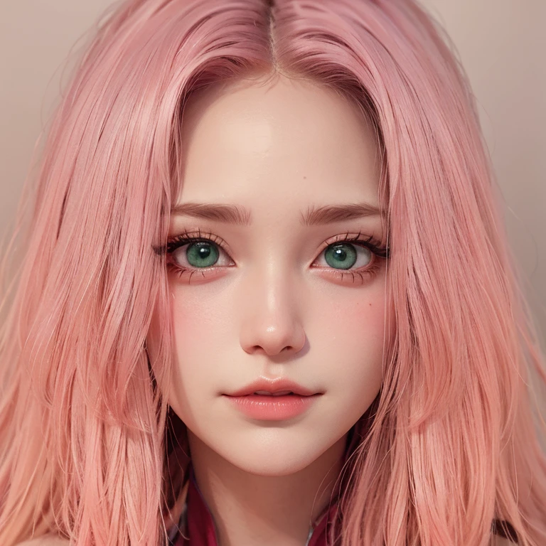 young woman, short shoulder-length pink hair, wide forehead, porcelain skin, pink eyebrows, big emerald green eyes, buttoned nose, full lips, heart-shaped face, slender body, small breasts, red tank top, Sakura Haruno , realistic, realism, details, 3d, well detailed