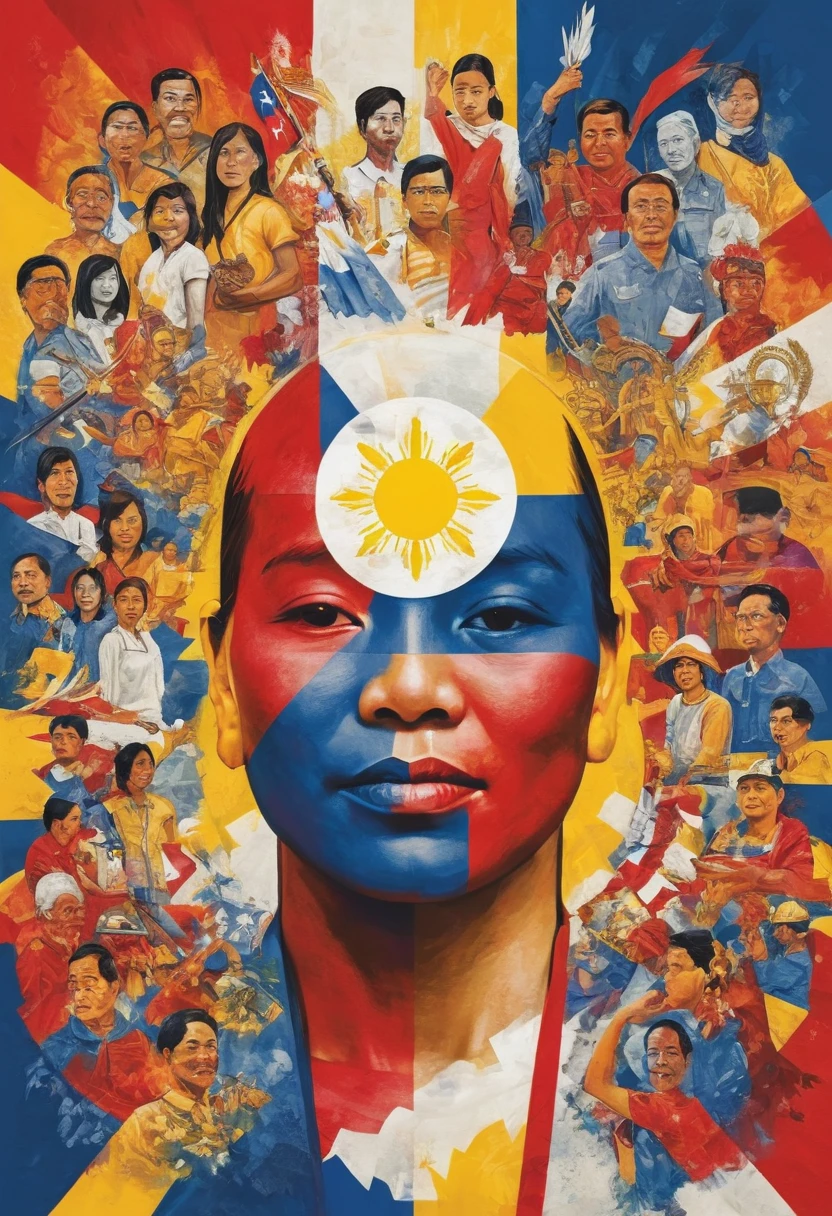 There should be a torch in the middle. A dynamic poster symbolizing democracy in the Philippines features a central torch representing freedom and democratic ideals. Surrounding it are scenes from the People Power Revolution and a collage of diverse faces, showcasing unity and inclusivity. Colors of the Philippine flag—blue, red, white, yellow—embody patriotism and hope. Text overlays convey messages of "Unity in Diversity" and "Defending Democracy," inspiring pride and commitment to democratic values.