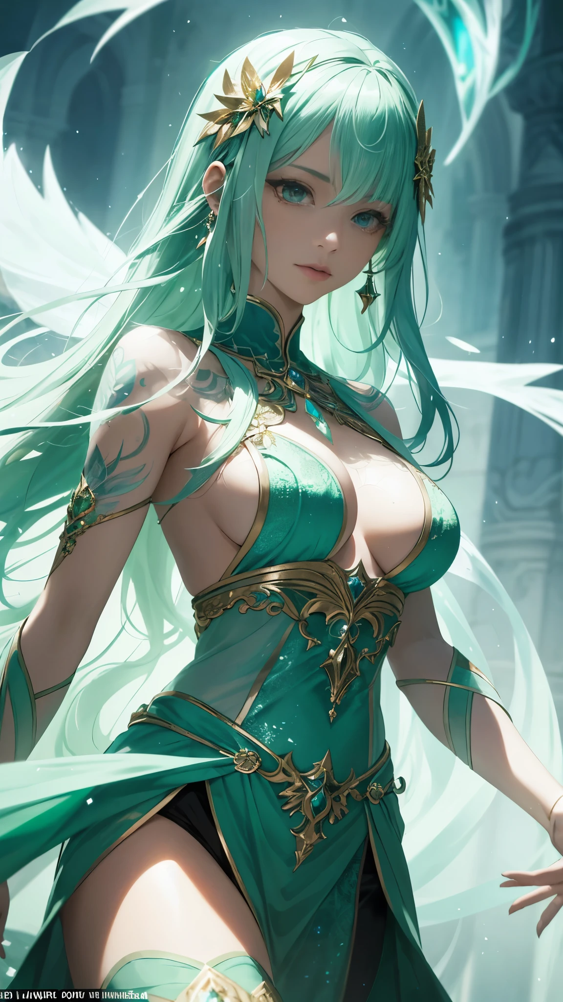 A majestic scene unfolds as a woman, clad in ethereal robes, conjures a powerful spell to create a magical barrier of protection in a fantastical realm. With a wave of her hand adorned with intricate, glowing tattoos, she summons forth a shimmering green aura that surrounds her in an intricately woven shield. The light refracts through her long, wistfully flowing hair, illuminating the serene expression on her face as she focuses intently, her determined gaze unwavering.

The magical shield, conjured through her mastery of green magic, hums softly with an otherworldly energy as it forms a perfect,