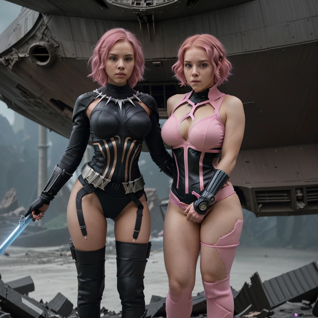 beautiful girl,Busty figure,short wavy hair,pink hair color,Wear a tight outfit.,Black Panther costume,Equipped with a high-tech sword.,Standing opponent,on the wreckage of the ship,Sci-fi genre,Highly detailed,4K