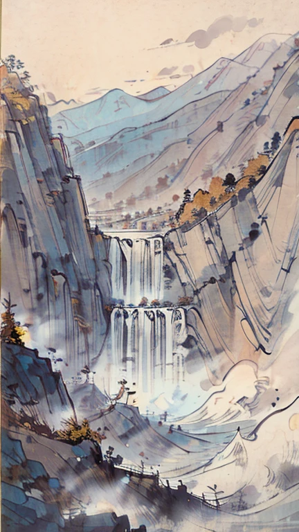 Traditional Chinese ink painting,large waterfalls between mountains, rough waves, Yellow River, grand, (masterpiece, best quality: 1.2)