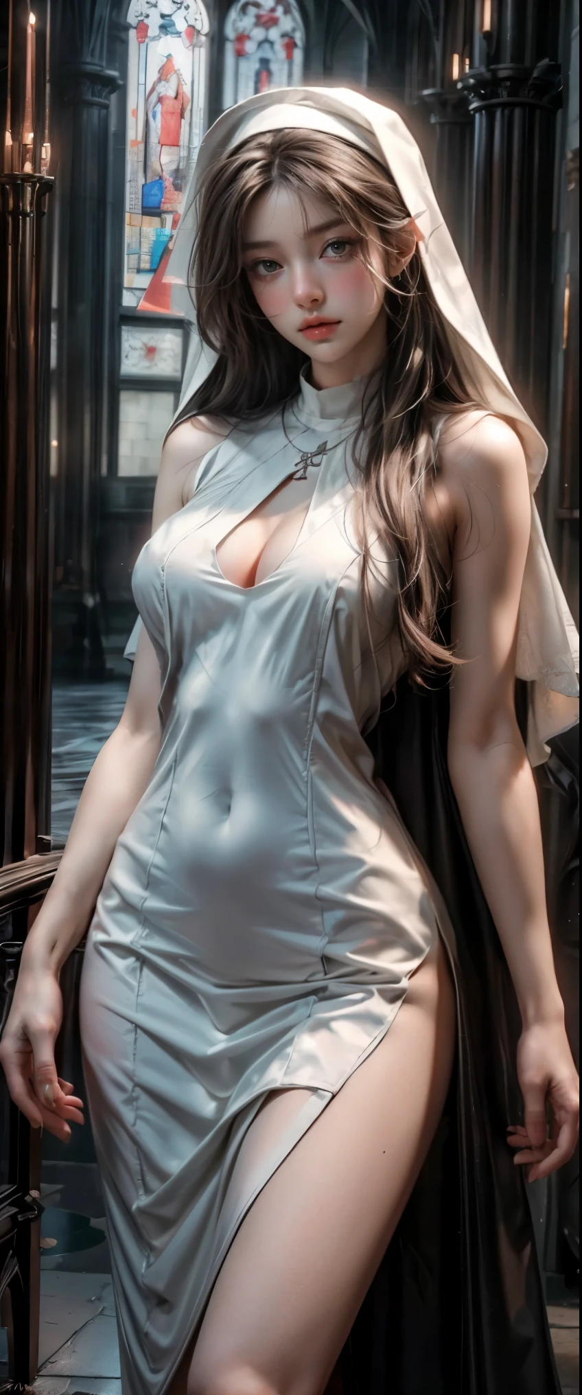 ((masterpiece, highest quality, Highest image quality, High resolution, photorealistic, Raw photo, 8K)), ((Extremely detailed CG unified 8k wallpaper)), (huge stunning goddess shot, very hot and sexy, jaw-dropping beauty, perfect proportions, beautiful body, slim body beauty:1.4), Medieval church, brick walls, young nun crying for the camera, ((nun, dressed in white nun )) ,She holds up a saber,