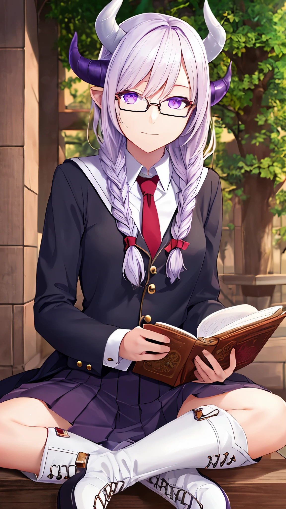 (Masterpiece, best quality), detailed, (wizard academy student, magic academy uniform, glasses, reading glasses, white boots), demon, demon girl, detailed beautiful purple eyes, detailed face, white hair and white skin, braided ponytail, demon horns, full of details.