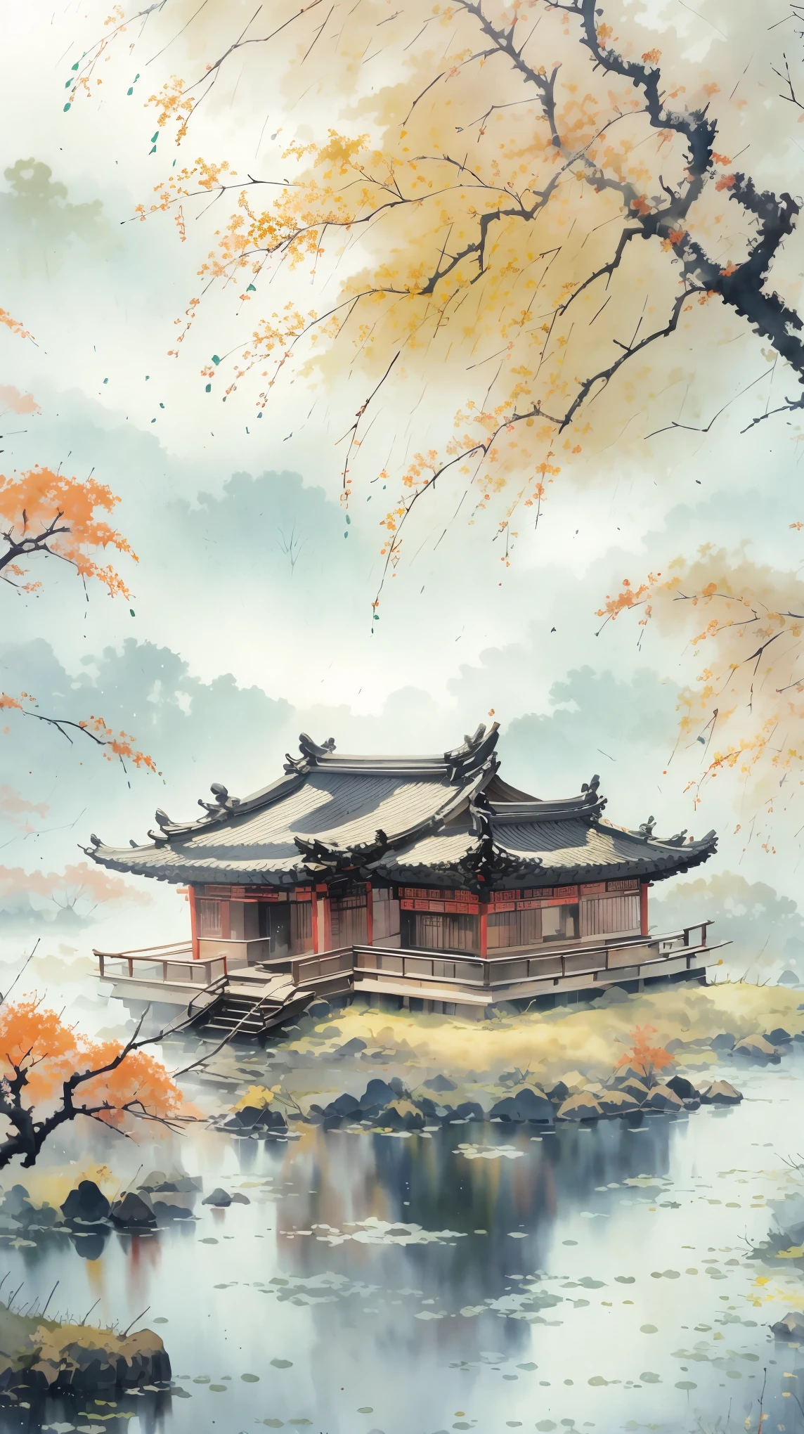 ancient style illustration chinese watercolor landscape painting watercolor river maple leaves autumn chinese landscape bare tree branches day flowers and leaves no humans outdoors overgrown plants landscape tree maple water, masterpiece, recent quality, best details, beauty