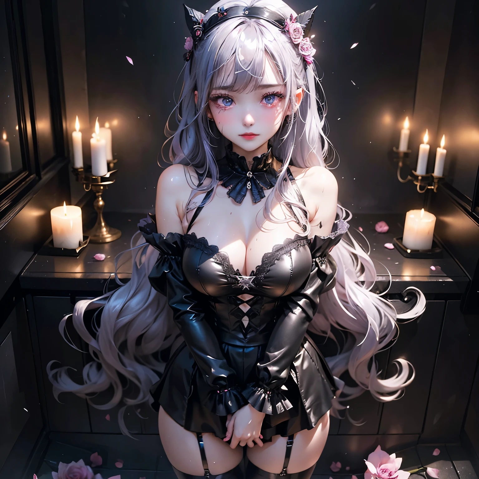 ハードdark gothicメイク、my sanity、deep night sky、horror、black dark eyeshadow、cry、grieve、Good skin glow、dark gothicメイク、dark smile、palace、fragrant beauty、22 years old、Expression of intense sexual pleasure、embarrassed look、dark gothic、lewd expression、highest quality、View 5 books、Expression of sexual pleasure in suffering、drunk face、purple maid outfit、Mysterious、Noble、A face that is holding back the toilet、super sexy、loving smile、twin tail hair、jet black ruffle skirt、right blue eye, left eye is red、Super bewitching pose、platform heel shoes、dark makeup、black lipstick、make the world beautiful、gothic ta clothing、A little slender、silver hair、long hair straight hair、Cute Gothic Loliress、beautiful face、elegant face、bewitching face、knee high socks、Stained glassが背景、My chest is glistening with sweat、the room is dark、goth long dress、bell sleeve、wizard sleeve、decadent look、sexually excited look、gothic mode、Glossy thighs wet with water、Thighs wet and shiny with oil、Background of a room full of roses、sad expression、Rose Maiden、The embroidery is pink、The costume has pink embroidery、thigh high socks、knee high socks、Her thighs shine with a lot of sweat、My body is wet and shiny、Lots of glitter on the thighs、sweating、My thighs are sticky from sweating、Sweat glistens on my thighs, The whole body is sweaty and shiny、pretty sweaty、My thighs are sweaty、my thighs are so wet、I sweat a lot and my thighs are shiny....、A large amount of sweat shines all over the body、slender body、gentle expression、masturbation behavior、deep black eyeshadow、despicable act、Stained glassと薔薇背景、wearing black underwear、black panties、thighs are a little thin、duo、female couple、i have lesbian friends、Are standing、hug a girl、upright、walk、Blue lightning flashes on his right hand、Electromagnetic waves glow、Dark Church Background、Stained glass、black metal world、Dark castle、Room of Darkness、
