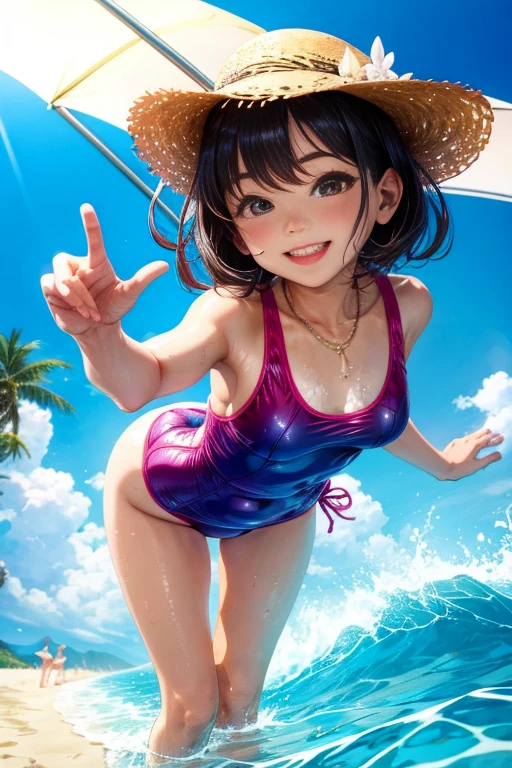 female、Shore beach、sunny、swimsuit one piece、seductive pose、Frolic with the waves、enchanting smile、