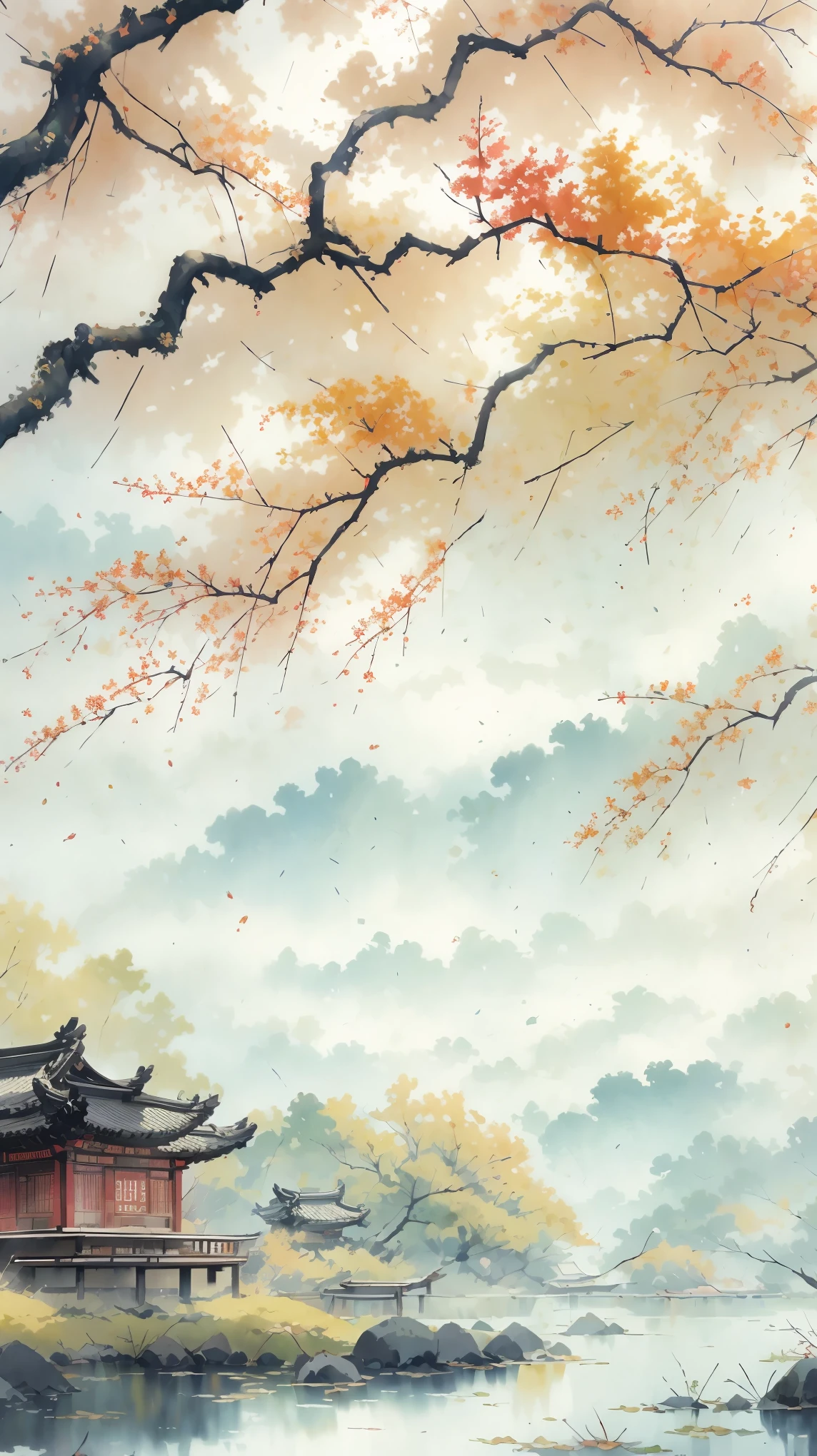 ancient style illustration chinese watercolor landscape painting watercolor river maple leaves autumn chinese landscape bare tree branches day flowers and leaves no humans outdoors overgrown plants landscape tree maple water, masterpiece, recent quality, best details, beauty