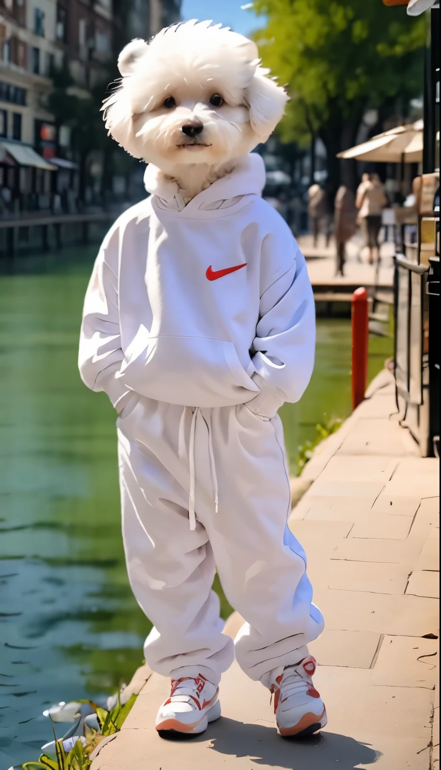 Cute white furry little teddy bear standing on two legs in front of a fountain,hands in pockets,Wearing vibrant blue New Balance branded sportswear,Red shoes strut down the street