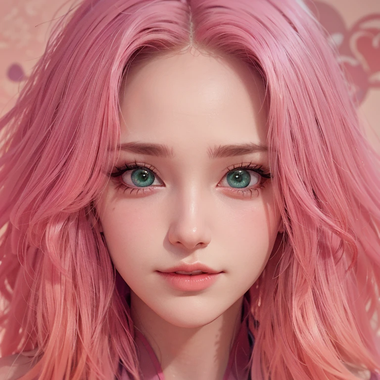 young woman, short shoulder-length pink hair, wide forehead, porcelain skin, pink eyebrows, big emerald green eyes, buttoned nose, full lips, heart-shaped face, slender body, small breasts, red tank top, Sakura Haruno , realistic, realism, details, 3d, well detailed
