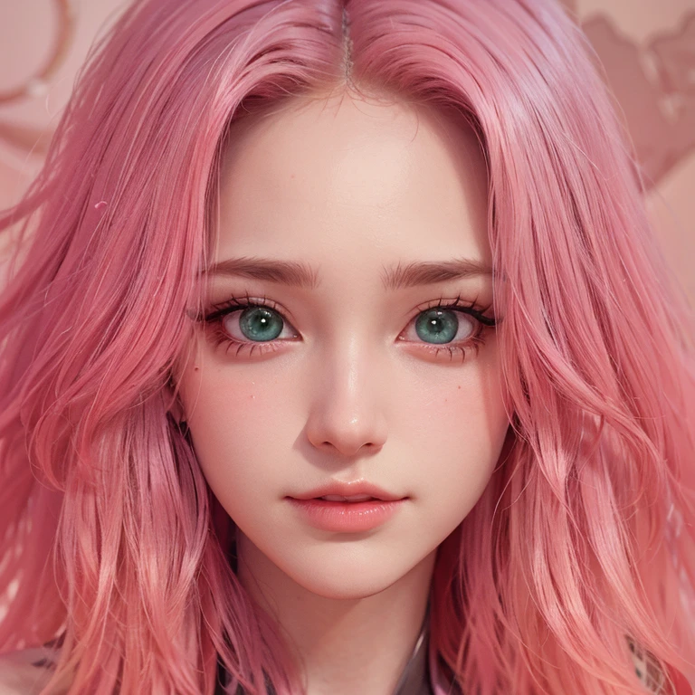 young woman, short shoulder-length pink hair, wide forehead, porcelain skin, pink eyebrows, big emerald green eyes, buttoned nose, full lips, heart-shaped face, slender body, small breasts, red tank top, Sakura Haruno , realistic, realism, details, 3d, well detailed