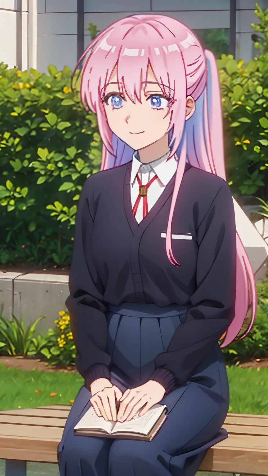 Micchon Shikimori was sitting in the school garden with a gentle smile on his face. She wore a neat with her long hair flowing behind her, and her hands holding a book in her lap. Around it you can see flowers in bloom, creating a peaceful and cheerful atmosphere.