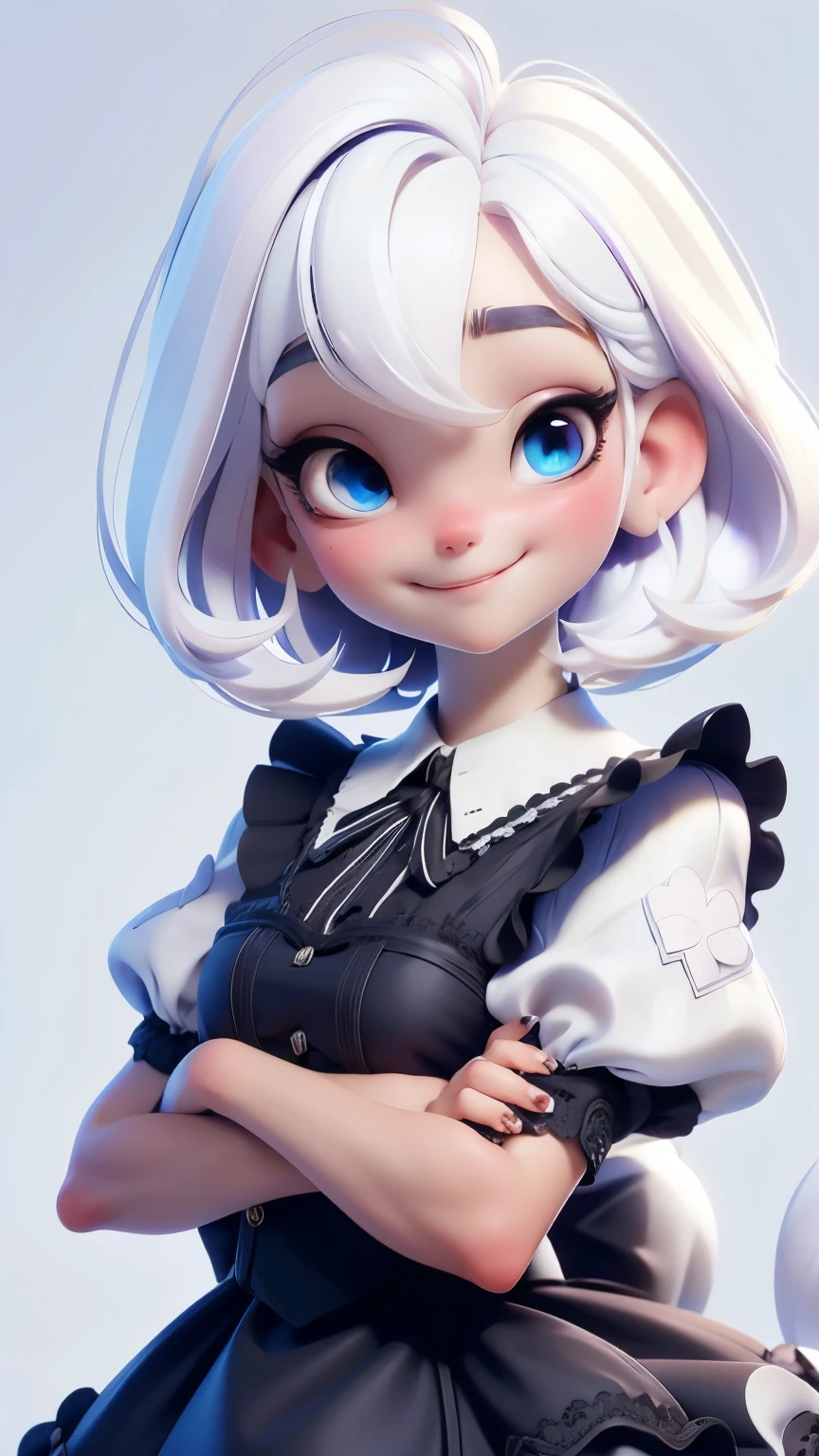 Alice in Wonderland, Model figure style , maid clothes black color, clothes maid black color, sweet girl, exquisite eyes, Inverted Bob white hair , white hair, delicate smile, show body , simple white background