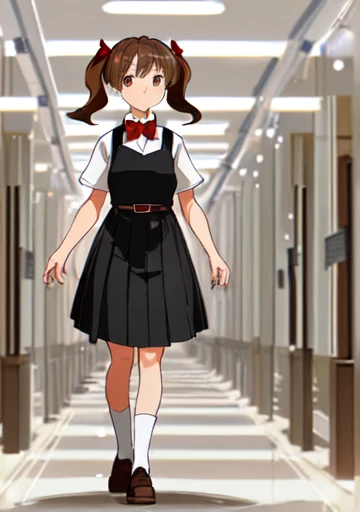 1girl, full body, standing, upright,  full body, from front, short brown hair, twintails, brown eyes, flushed, black pinafore dress, belt, short sleeve, short pleated skirt, white shirt, red bow tie, museum,