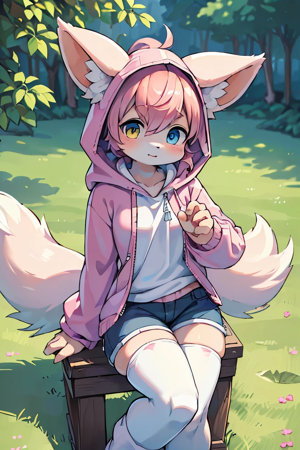 (best quality,4k,8k,highres,masterpiece:1.2),ultra-detailed,(realistic,photorealistic,photo-realistic:1.37),Kawaii, Fluffy Fox, Pink hair, Pink Eye, Blue Eye, heterochromia, Solo, Oversized Hood Jacket, knit sweater, shorts, Pink Striped thigh high Socks, Calf boots, body fur