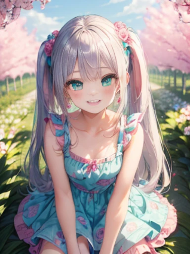 小さなgirl、Face photo、Face up、The arrival of spring、big ass、 (alone:1.5,)Super detailed,bright colors, very beautiful detailed anime face and eyes, look straight, ;d, shiny_skin,girl, ((long silver hair,The inner color is red 、forehead is exposed.、green eyes、、shiny hair, delicate beautiful face, blush、(turquoise eyes), White skin, Valletta, earrings,、blue flower field、(((Pink ruffled dress with floral print、purple mini skirt)))、twin tails、smile、smile、Face dyed red、Face-centered
