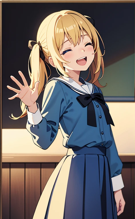 (​masterpiece、top-quality、8k size wallpaper、offcial art)、(portrait,cowboy shot:1.6)、(1girl),(very loud laugh,Open mouth:1.3),(closed eyes:1.5),cute face,blue eyes、twintails、
,(stand),(Shining smile),
,(slender),(school uniform),(long fluorescence blonde hair1.3), (small breasts)、
、fluorescence、classroom,JK、(>_<:1)