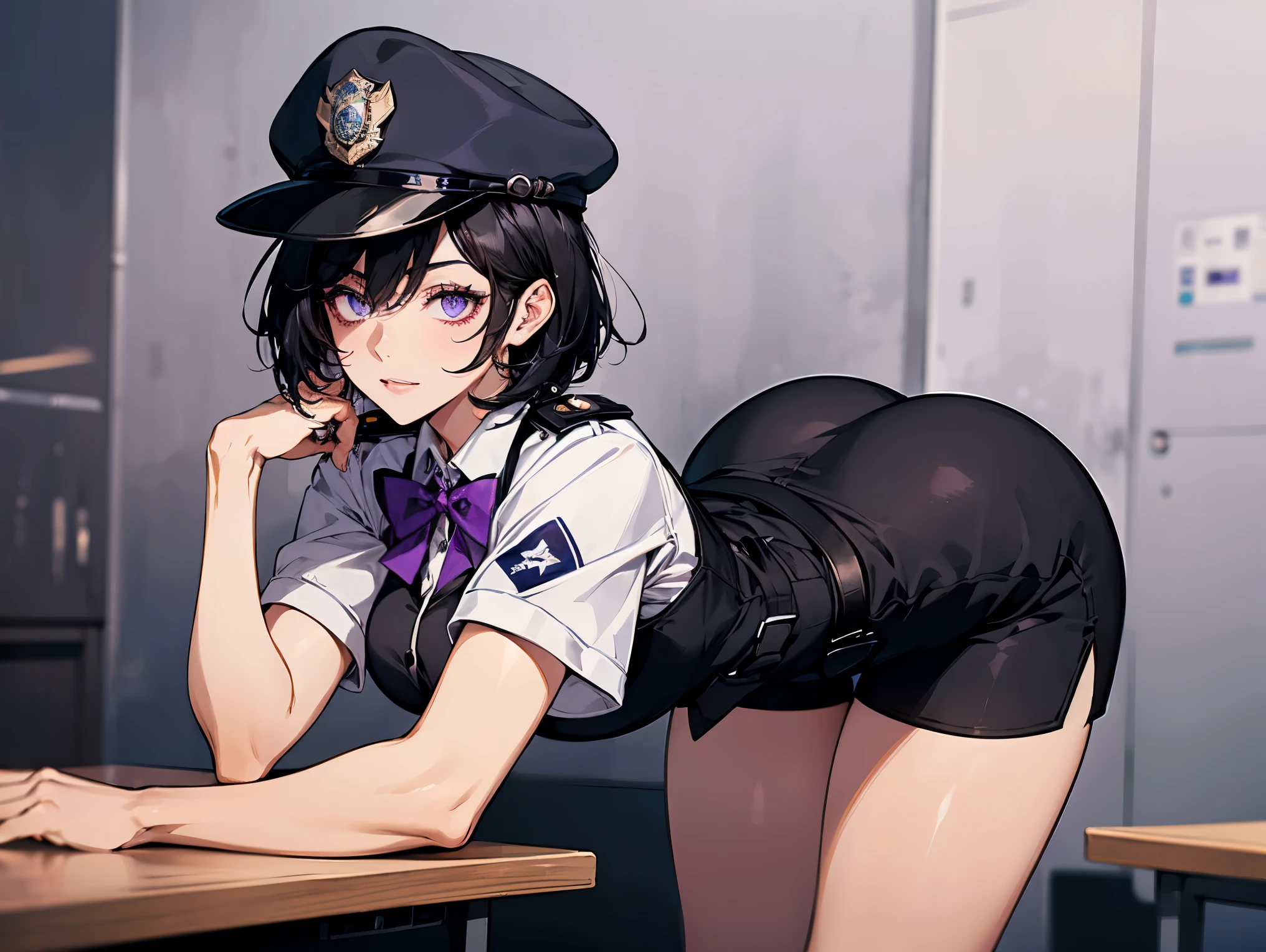 1 female, teacher, wearing a tight black police officer uniform, purple bowtie, bootyshorts, Thicc, black hair, short hair, glowing white eyes, face to detail, detailed eyes, the background is a pizzeria, wearing a modern day police hat, 