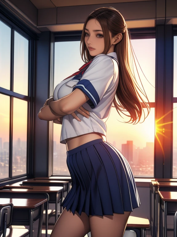 (8k,Photorealistic, masutepiece, Best Quality, Raw photo:1.3)、1girl in, 18years old,Solo,school girl, Long hair, Brown hair, Detailed beautiful face, alluring face, (Detailed beautiful brown eyes:1.2), medium breasts,(underboob:1.3),(coverd nipples:1.1),(loos sailer uniform :1.35), ( Perfect body skinny beauty: 1.4),( temptation Pose:1.3), (Looking at Viewer, front view,eyes focus:1.2), Detailed background, (sunset:1.2), classroom,fine detailed, intricate detailes, Ray tracing, depth of fields, seductive smile,classroom,