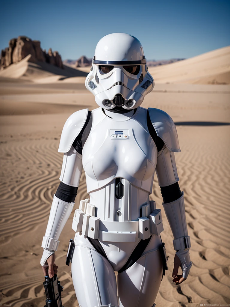hyperrealism, (photorealistic:1.2), (film grain:1.3), masterpiece, best quality, perfect detail, cinematic lighting, professional photo, realistic photo, raw photo, realistic style, Adriana Lima, star wars stormtrooper cosplay, hot desert, realistic lighting, depth of field