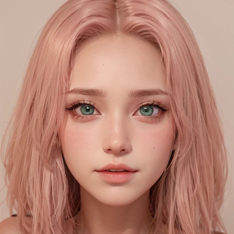 young woman, short shoulder-length pink hair, wide forehead, porcelain skin, pink eyebrows, big emerald green eyes, buttoned nose, full lips, heart-shaped face, slender body, small breasts, red tank top, Sakura Haruno , realistic, realism, details, 3d, well detailed

