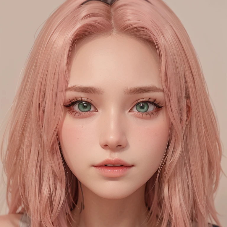 young woman, short shoulder-length pink hair, wide forehead, porcelain skin, pink eyebrows, big emerald green eyes, buttoned nose, full lips, heart-shaped face, slender body, small breasts, red tank top, Sakura Haruno , realistic, realism, details, 3d, well detailed