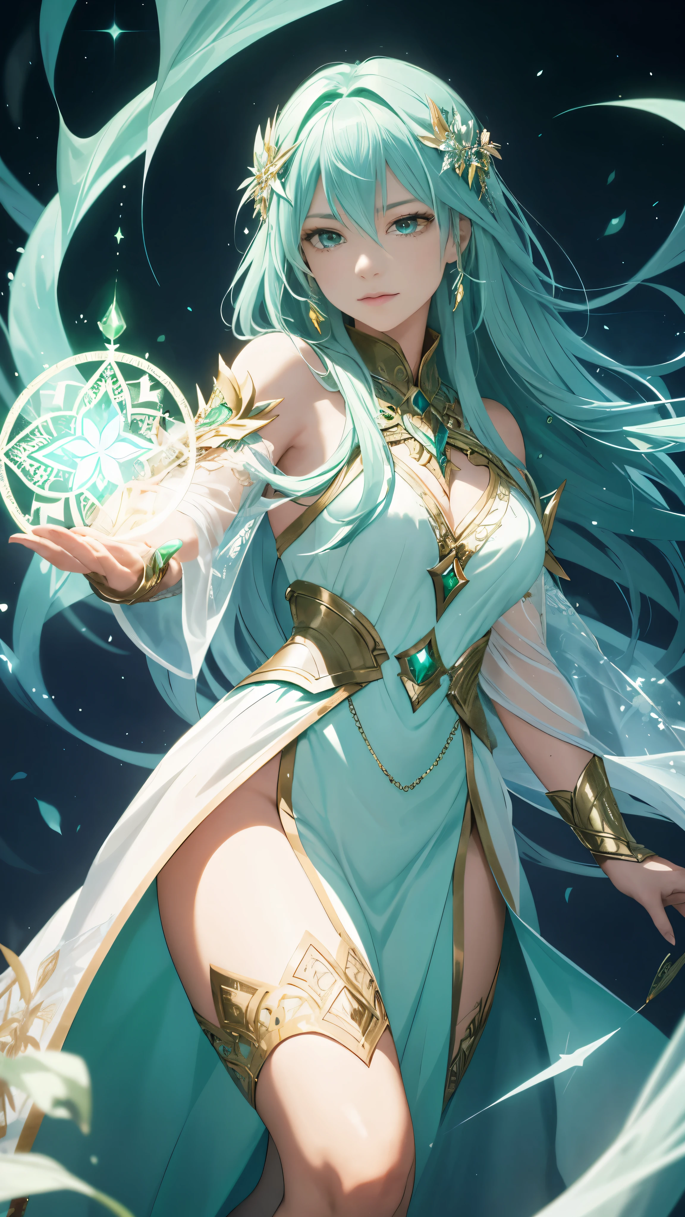 A majestic scene unfolds as a woman, clad in ethereal robes, conjures a powerful spell to create a magical barrier of protection in a fantastical realm. With a wave of her hand adorned with intricate, glowing tattoos, she summons forth a shimmering green aura that surrounds her in an intricately woven shield. The light refracts through her long, wistfully flowing hair, illuminating the serene expression on her face as she focuses intently, her determined gaze unwavering.
The magical shield, conjured through her mastery of green magic, hums softly with an otherworldly energy as it forms a perfect,