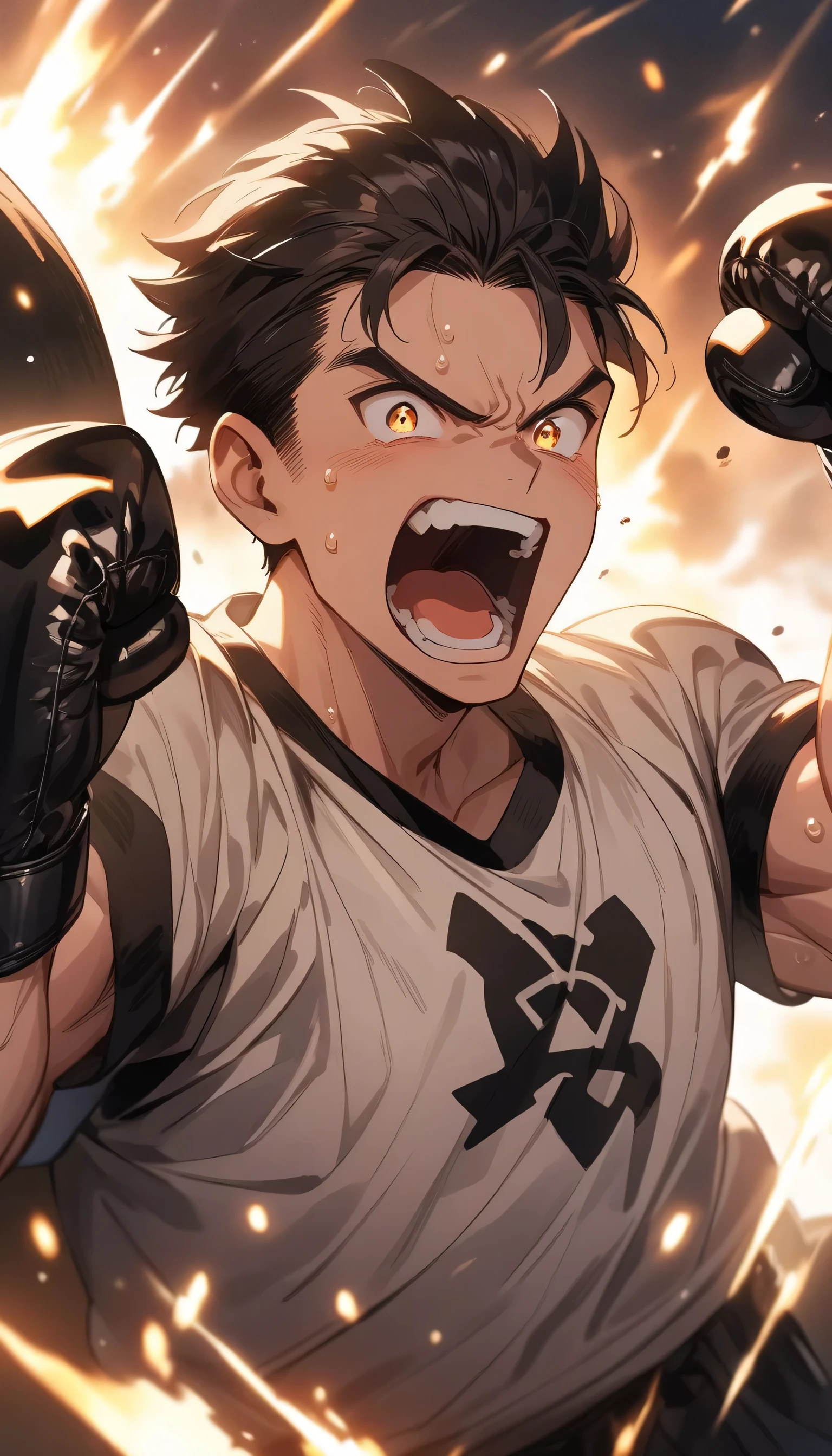 (highest quality、masterpiece、High resolution、detailed)、4K、beautiful anime、(Shining eyes、detailed beautiful face)､no text,((fist pump,Guts pose)), anime style, super fine illustration, highly detailed, dynamic angle, beautiful detailed, 8k, In the center of the ring, a boxer strikes a victory pose with boxing gloves on his hands. BREAK He climbs the corner post, shouting a victory cry, his face and body emanating the heat of the battle and sweat.