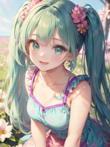 小さなgirl、Face photo、Face up、The arrival of spring、big ass、 (alone:1.5,)Super detailed,bright colors, very beautiful detailed anime face and eyes, look straight, ;d, shiny_skin,girl, ((Turquoise long hair,The inner color is red 、forehead is exposed.、green eyes、、shiny hair, delicate beautiful face, blush、(turquoise eyes), White skin, Valletta, earrings,、blue flower field、(((Pink ruffled dress with floral print、purple mini skirt)))、twin tails、smile、smile、Face dyed red、Face-centered