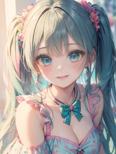 小さなgirl、Face photo、Face up、The arrival of spring、big ass、 (alone:1.5,)Super detailed,bright colors, very beautiful detailed anime face and eyes, look straight, ;d, shiny_skin,girl, ((Turquoise long hair,The inner color is red 、forehead is exposed.、green eyes、、shiny hair, delicate beautiful face, blush、(turquoise eyes), White skin, Valletta, earrings,、blue flower field、(((Pink ruffled dress with floral print、purple mini skirt)))、twin tails、smile、smile、Face dyed red、Face-centered