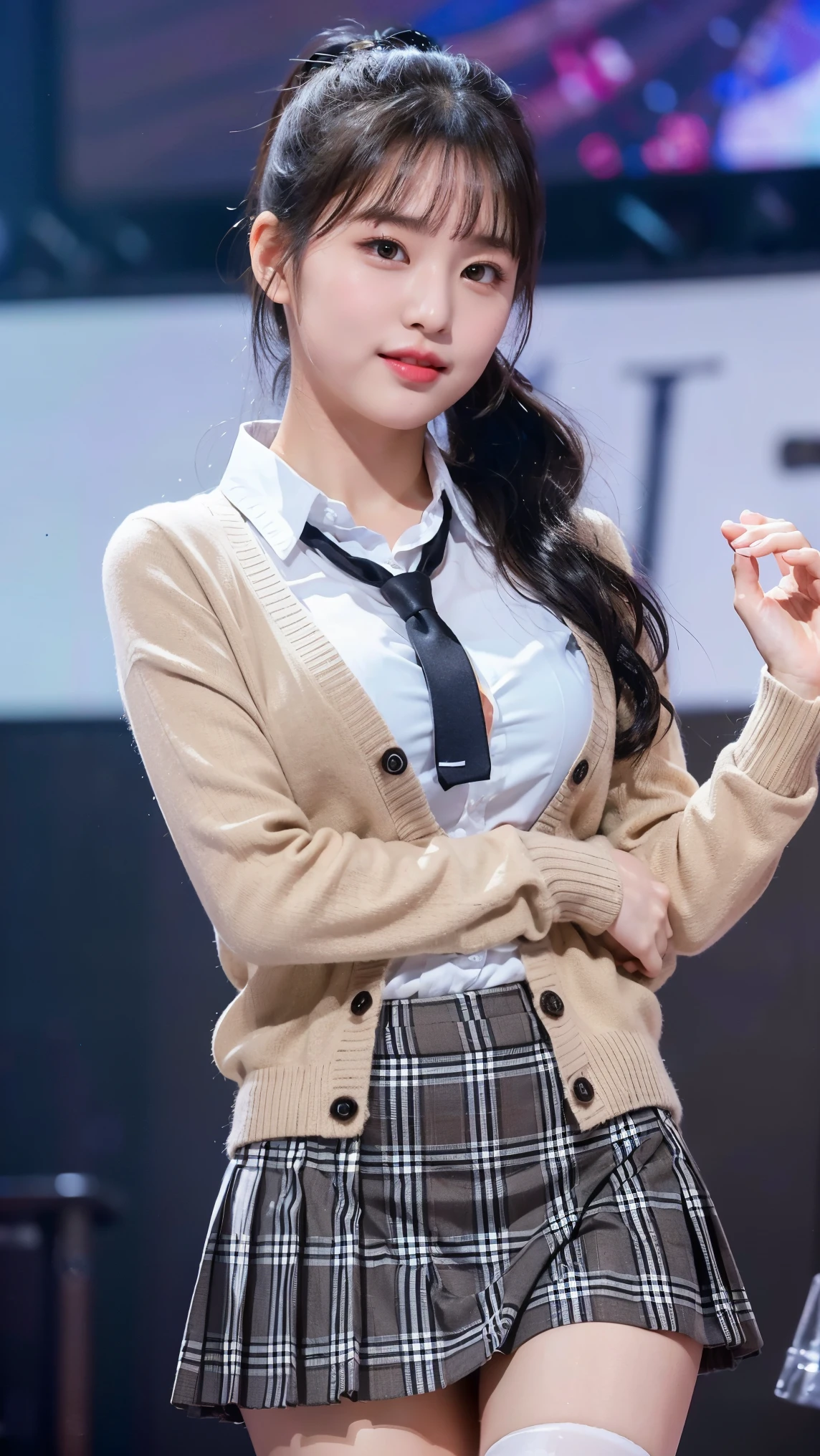 (8K), (highest quality: 1.2), (realistic), (realistic: 1.47), ultra high resolution, 1 girl, cute, smile, closed mouth, (thick lips:1.2),red lip,(Purse your mouth),beautiful details, beautiful nose,sweat on face,(Straight shiny black hair),(With a black ribbon on her head),(ponytail hair),Dancing on the concert stage,hold the microphone in your right hand,Bend your elbows and raise your hands,(University Student Uniform,Large dark beige cardigan,white satin shirt,tie,Tartan Check Pleated Skirt,opaque tights:1.2),(Close up on wet thighs:1.2),(knees),(super low angle:1.2),(medium shot),