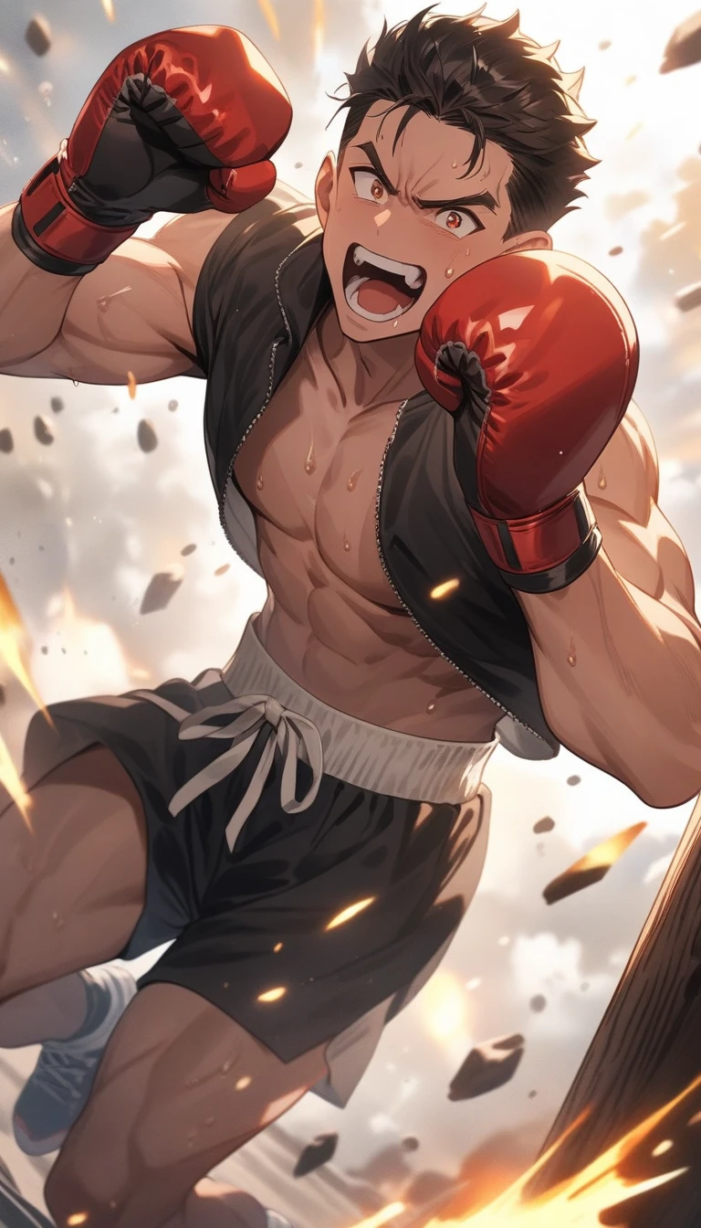 (highest quality、masterpiece、High resolution、detailed)、4K、beautiful anime、(Shining eyes、detailed美しい顔)、no text,((fist pump,Guts pose)), anime style, super fine illustration, highly detailed, dynamic angle, beautiful detailed, 8k, In the center of the ring, a boxer strikes a victory pose with boxing gloves on his hands. BREAK He climbs the corner post, shouting a victory cry, his face and body emanating the heat of the battle and sweat.