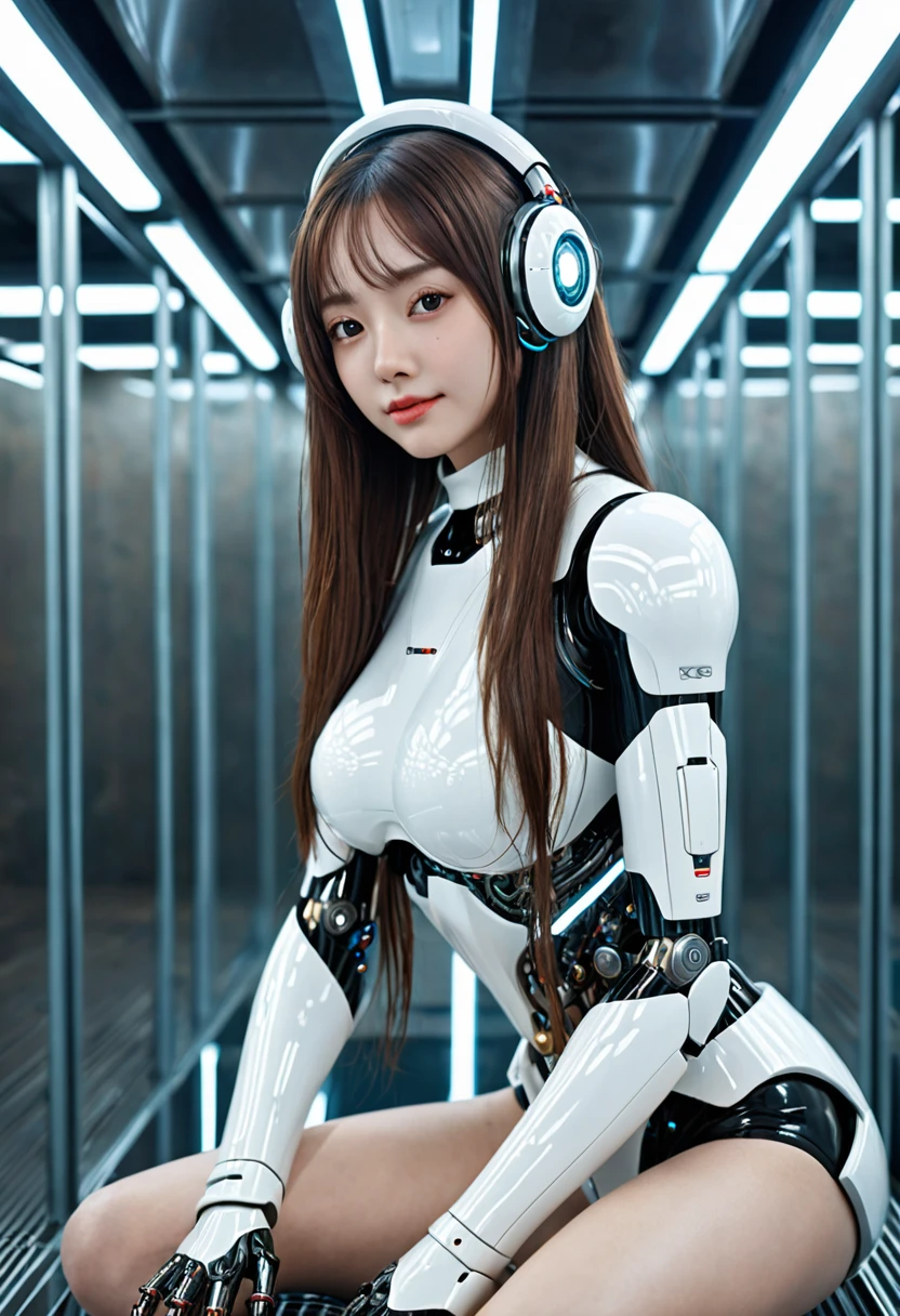 (8K, highest quality, masterpiece: 1.2), (realistic, realistic: 1.37), Super detailed, super realism, (One Robot Girl), Everything from the neck down is mechanical., android, cute, alone, (redness of the nose), (smile: 1.15), beautiful eyes, Big eyes, (long hair: 1.2), Floating hair NovaFrog style, brown hair, Machine body, cable, device, mirror sphere, cyber punk, kneel down, evening, mirror、spread your legs、beautiful bikini、Artificial heart and lung、Float Ring、(((((spread your legs))))) 