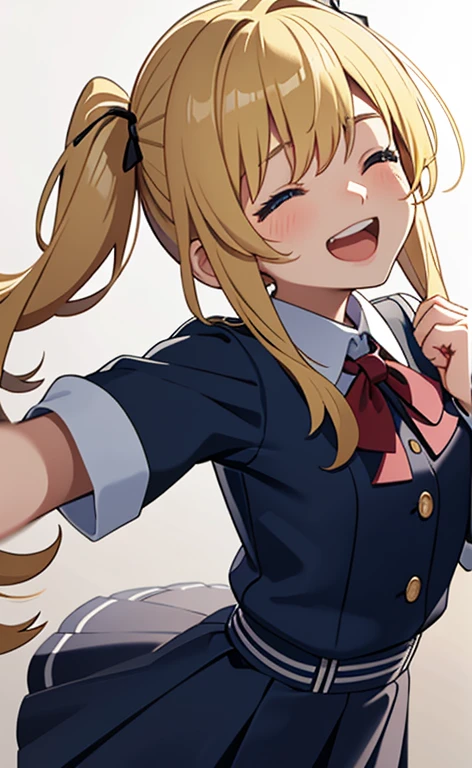 (masterpiece、top-quality、8k size wallpaper、offcial art)、(portrait,cowboy shot:1.6)、(1girl),(very loud laugh,Open mouth:1.3),(closed eyes:1.5),cute face,blue eyes、twintails、
,(stand),(Shining smile),
,(slender),(school uniform),(long fluorescence blonde hair1.3), (small breasts)、
、fluorescence、classroom,JK、(>_<:1)