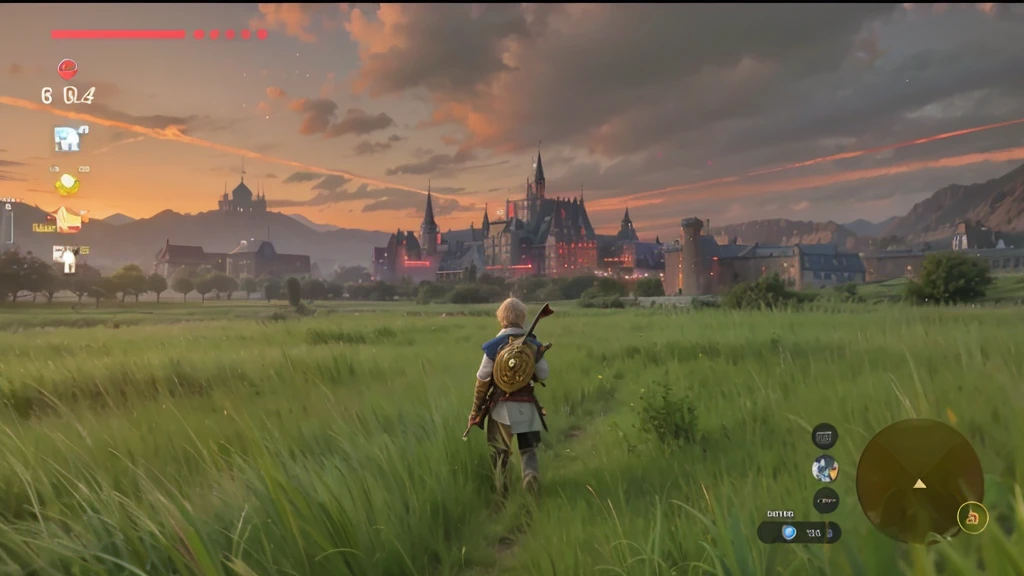a boy facing backward , looking at a big castle , sheild and sword on the boys back , tall grass , big castle in distance