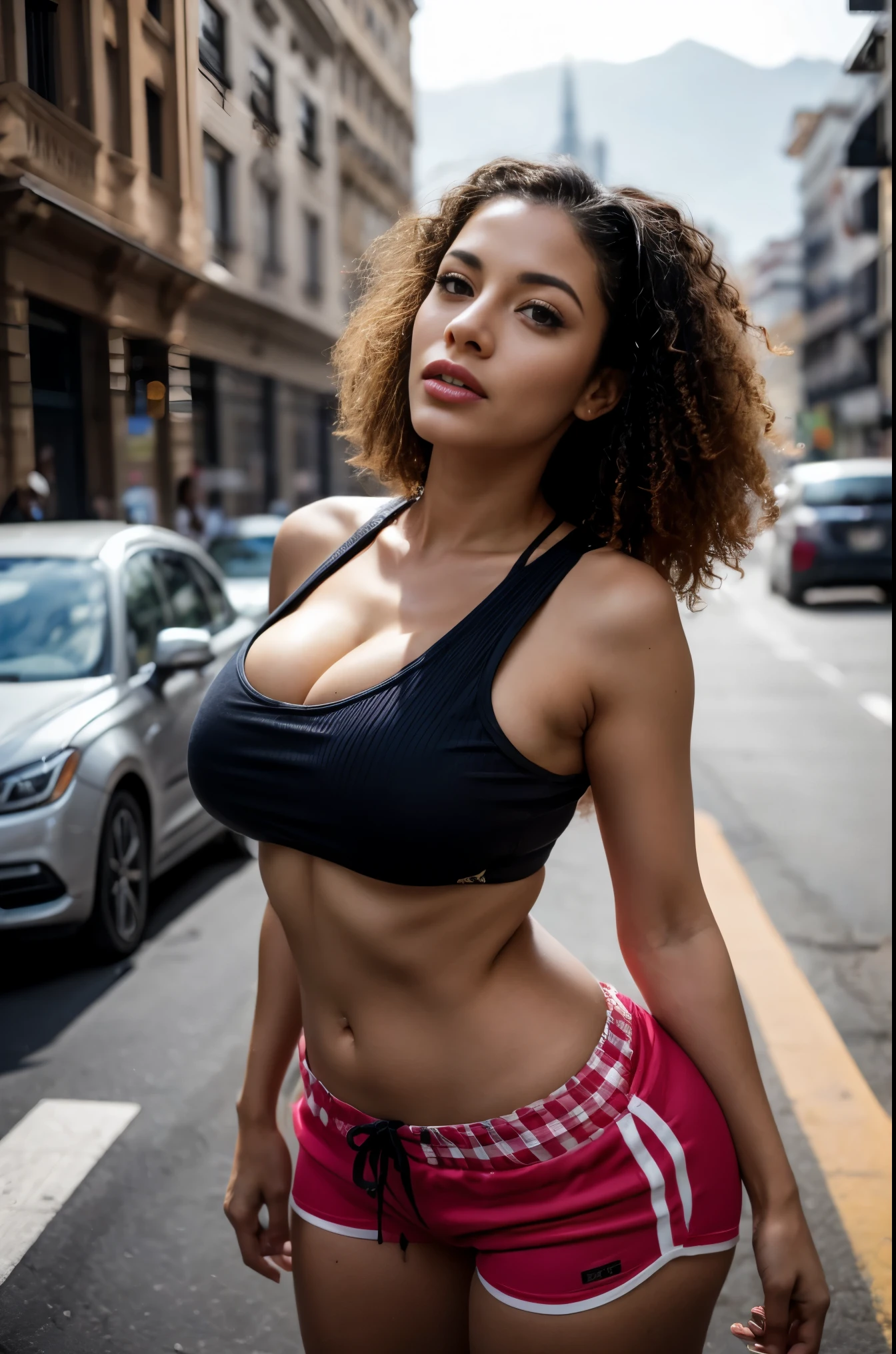 A Colombian mature curly haired busty lady standing in the middle of traffic looking up at the solar eclipse dressed in ripped booty shorts and a checkered crop top tied in the front realistic