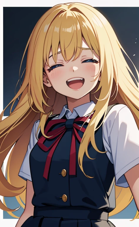 (​masterpiece、top-quality、8k size wallpaper、offcial art)、(portrait,cowboy shot:1.6)、(1girl),(very loud laugh,Open mouth:1.3),(closed eyes:1.5),cute face,blue eyes、twintails、
,(stand),(Shining smile),
,(slender),(school uniform),(long fluorescence blonde hair1.3), (small breasts)、
、fluorescence、classroom,JK、(>_<:1)