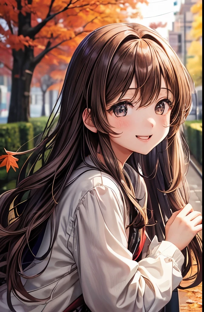 facing forward、anime style、highest quality、Shining, clear eyes、light brown skin、autumn clothes、Pull up to your knees、、long wavy hair、woman in her 20s、very cute、close your eyes and smile、laughter、brown hair、I want to blush、peak、autumn leaves、wink、sparkling、Kamimei、