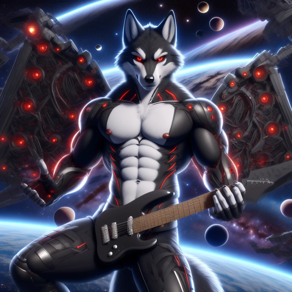 (Wolf fur coat),(Playing digital guitar),(Background of outer space and the entire Milky Way galaxy),(Red eyes),(Black wings open),(Looking at the audience with a serious expression),(Muscular sexy),(Unreal Engine 9),